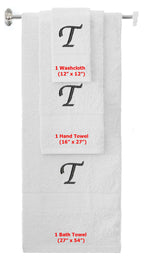 White monogrammed towel set with Black thread, Chancery font, initial T - 540 GSM cotton 3-piece