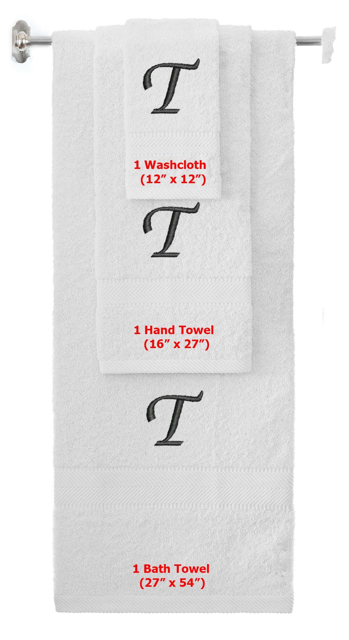 White monogrammed towel set with Black thread, Chancery font, initial T - 540 GSM cotton 3-piece