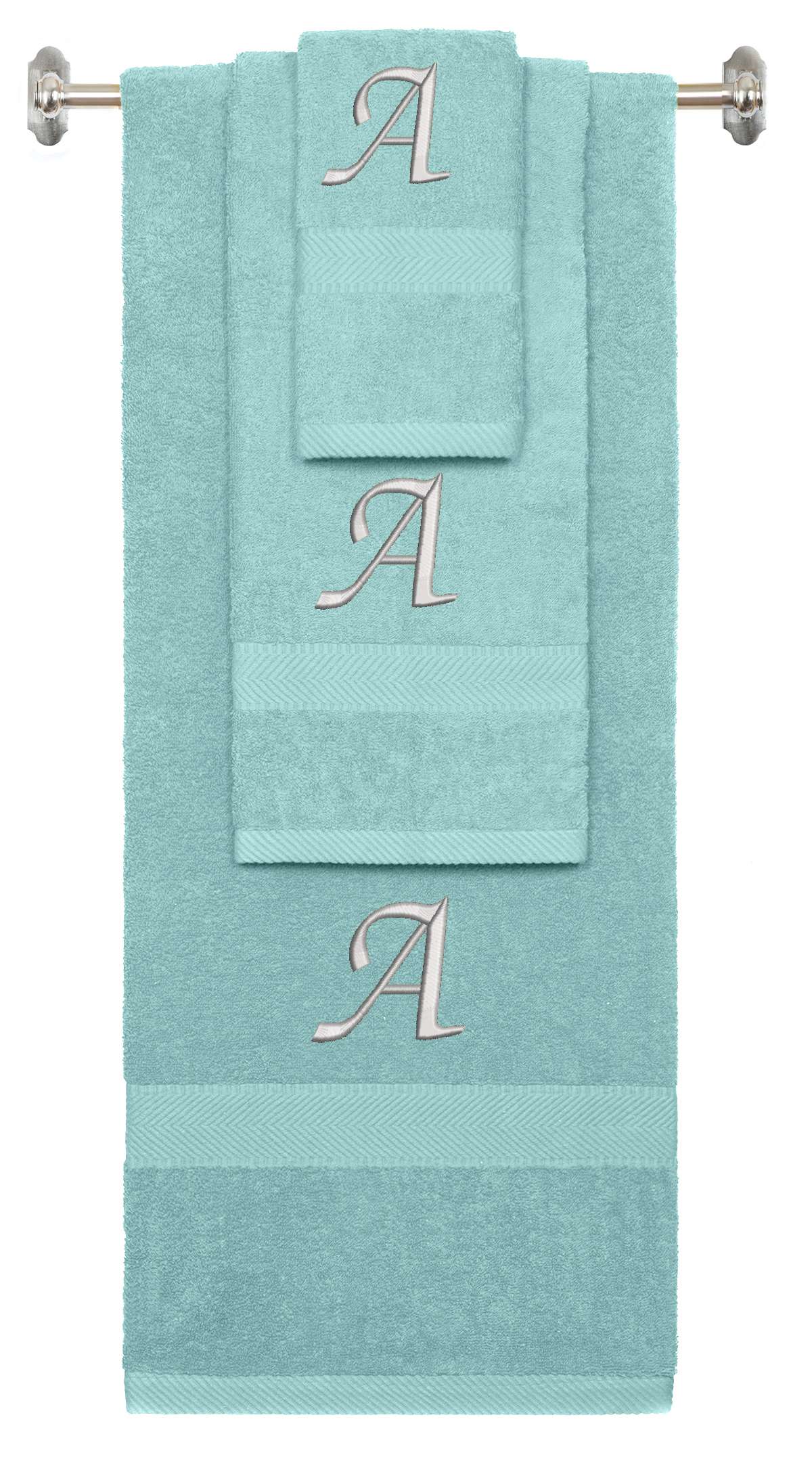 Nautical Teal monogrammed towel set with Silver thread, Chancery font, initial A - 540 GSM cotton 3-piece