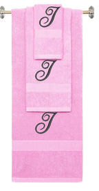 Pink monogrammed towel set with Black thread, Diana Script font, initial I - 540 GSM cotton 3-piece