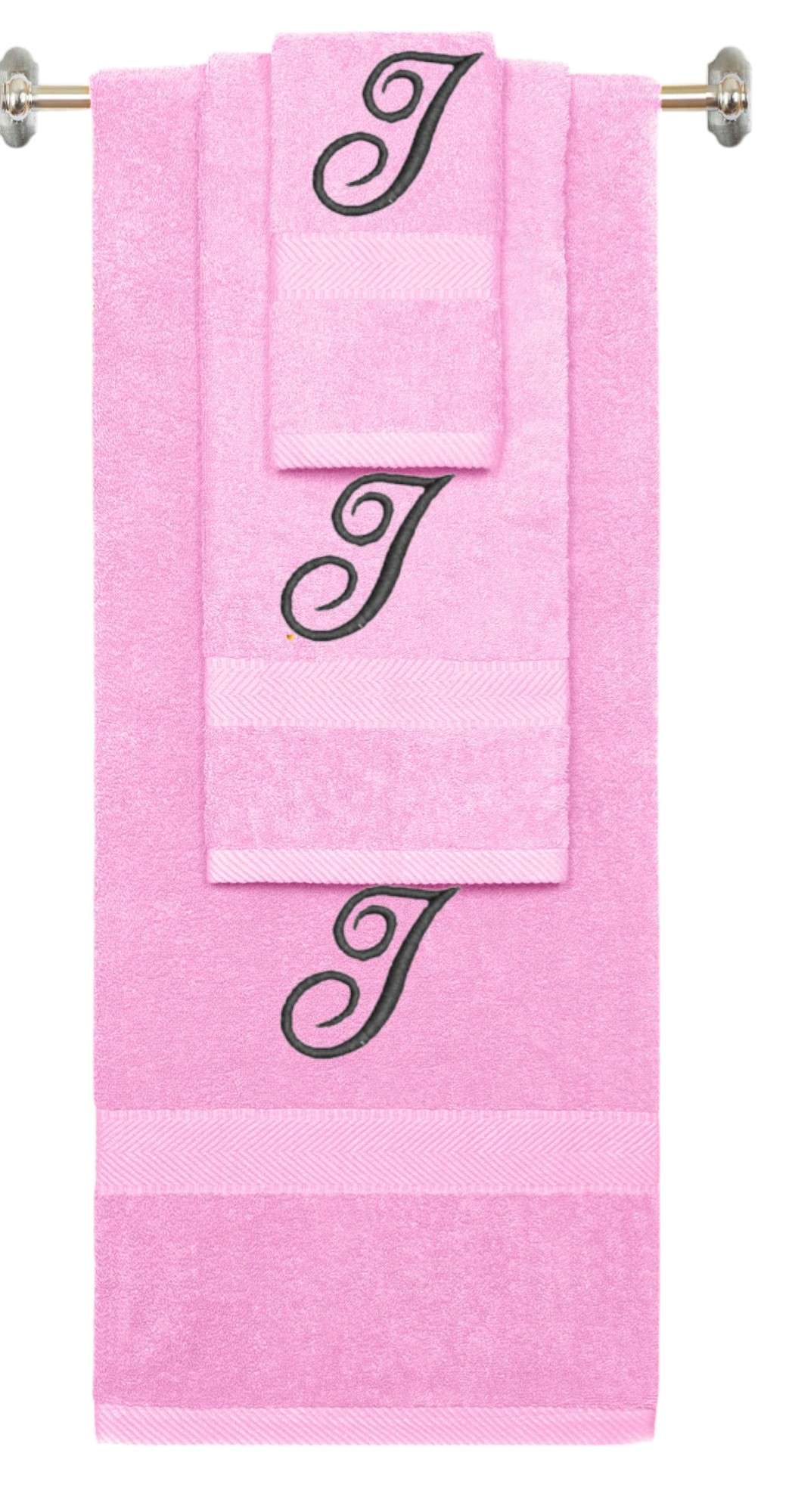 Pink monogrammed towel set with Black thread, Diana Script font, initial I - 540 GSM cotton 3-piece