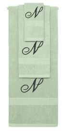 Mint Green monogrammed towel set with Black thread, Diana Script font, initial N - 540 GSM cotton 3-piece