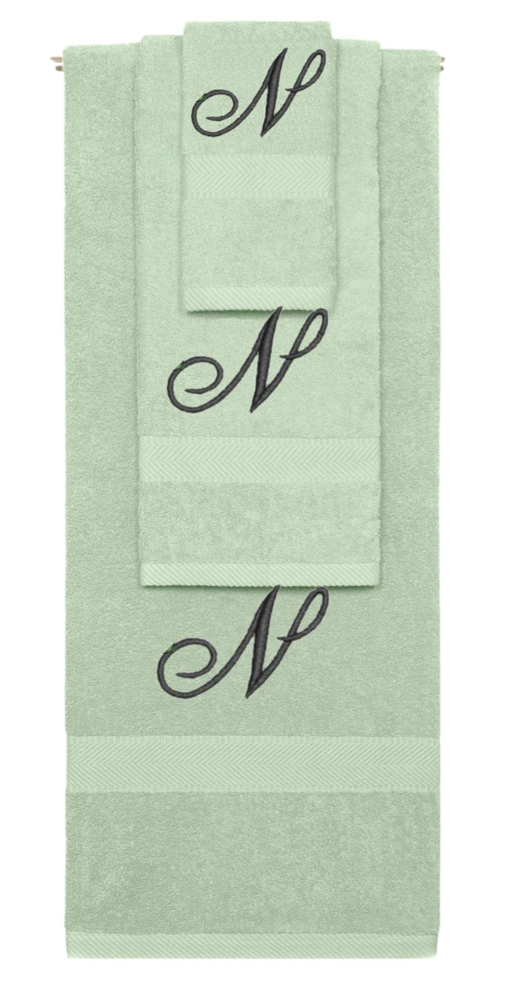 Mint Green monogrammed towel set with Black thread, Diana Script font, initial N - 540 GSM cotton 3-piece