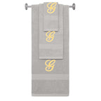 Silver monogrammed towel set with Gold thread, Diana Script font, initial G - 540 GSM cotton 3-piece
