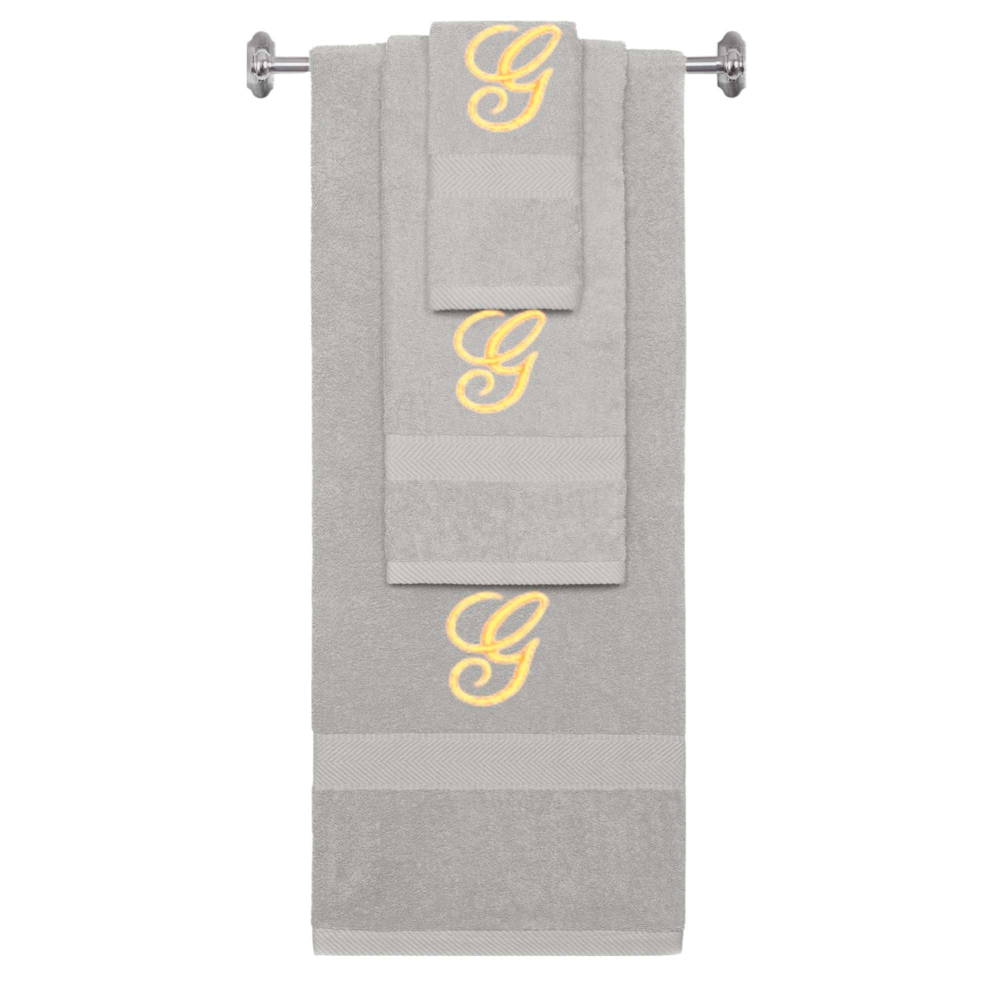 Silver monogrammed towel set with Gold thread, Diana Script font, initial G - 540 GSM cotton 3-piece
