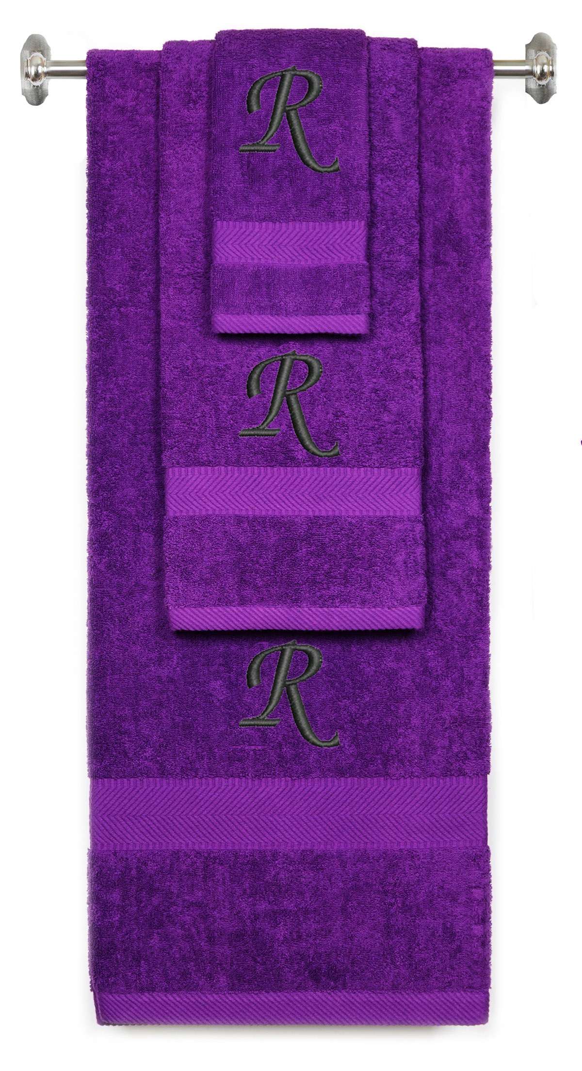 Purple monogrammed towel set with Black thread, Chancery font, initial R - 540 GSM cotton 3-piece