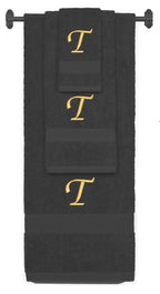 Charcoal monogrammed towel set with Gold thread, Chancery font, initial T - 540 GSM cotton 3-piece