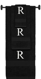 Black monogrammed towel set with White thread, Times New Roman font, initial R - 540 GSM cotton 3-piece