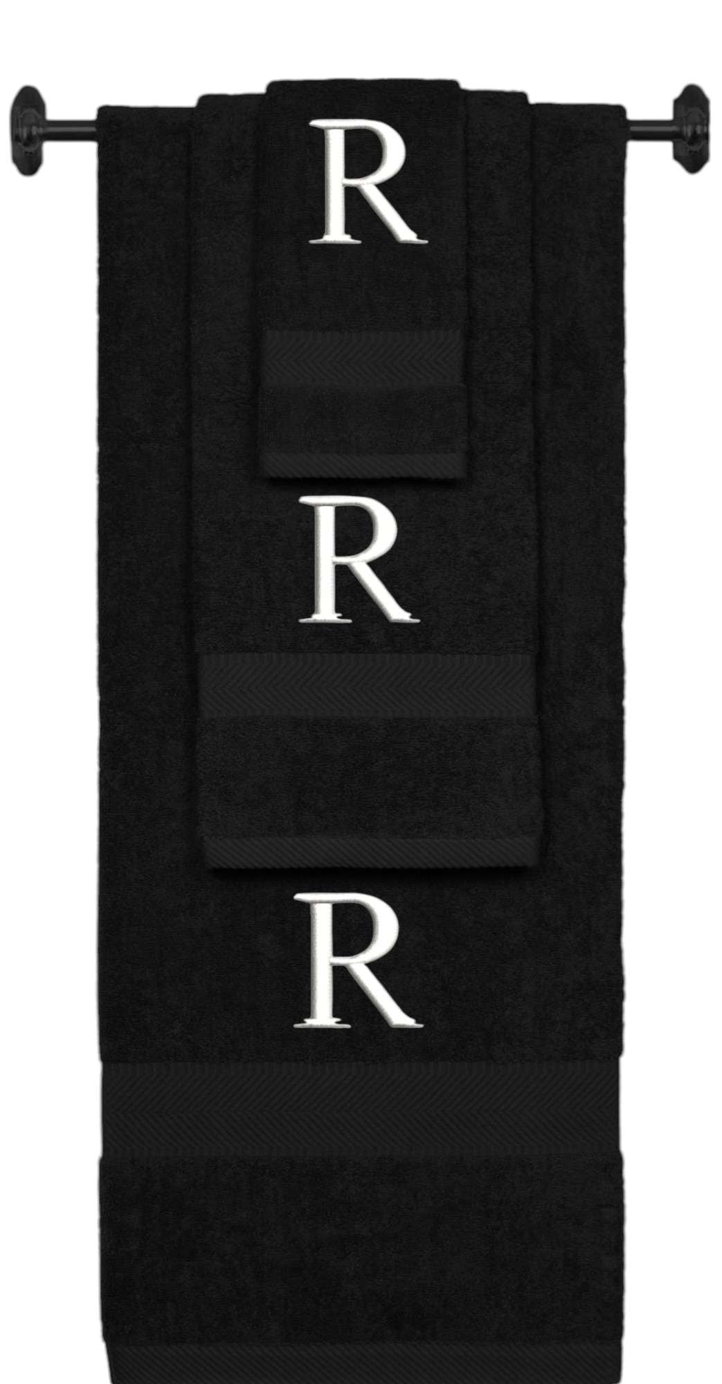 Black monogrammed towel set with White thread, Times New Roman font, initial R - 540 GSM cotton 3-piece