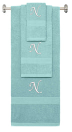 Nautical Teal monogrammed towel set with White thread, Chancery font, initial N - 540 GSM cotton 3-piece