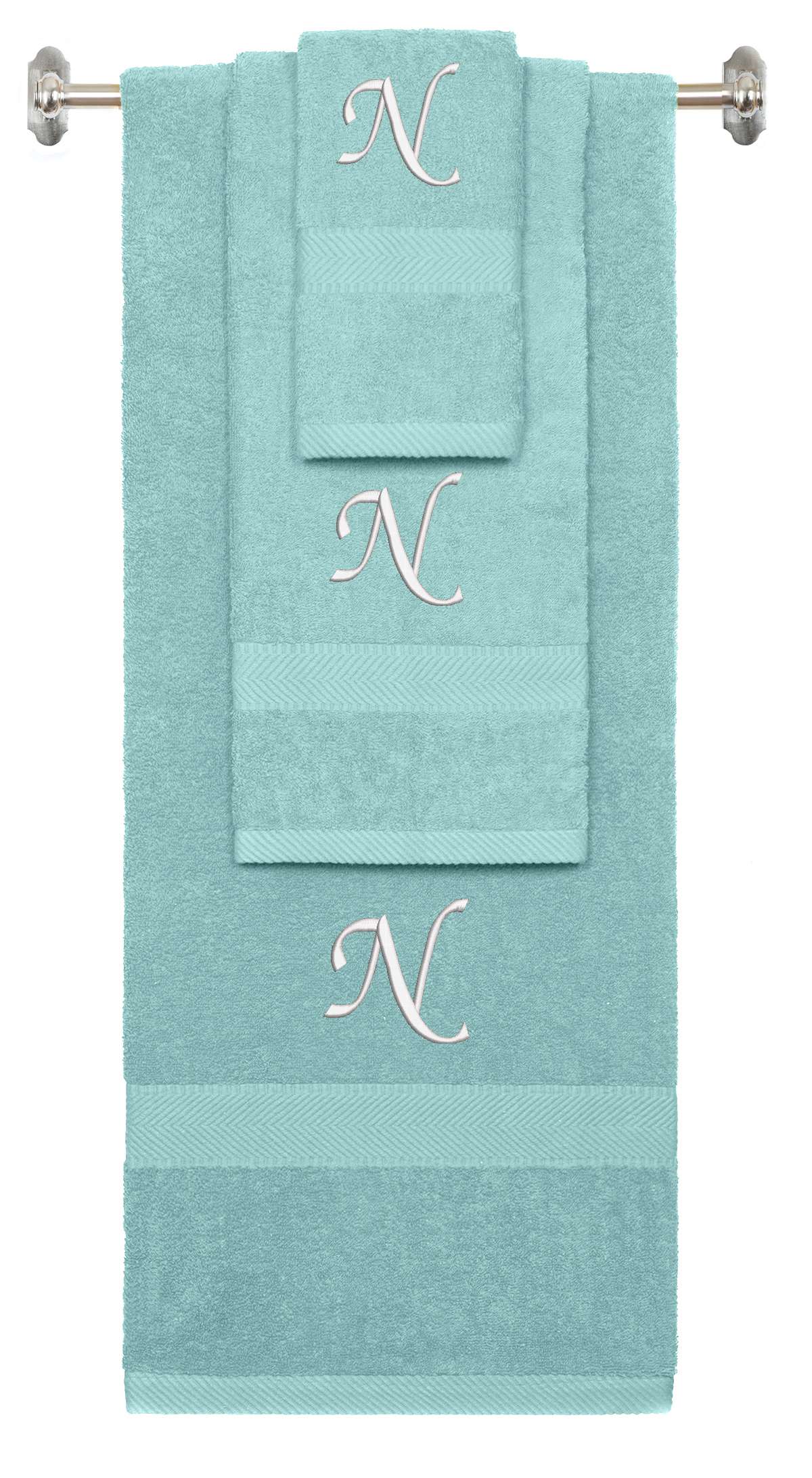 Nautical Teal monogrammed towel set with White thread, Chancery font, initial N - 540 GSM cotton 3-piece