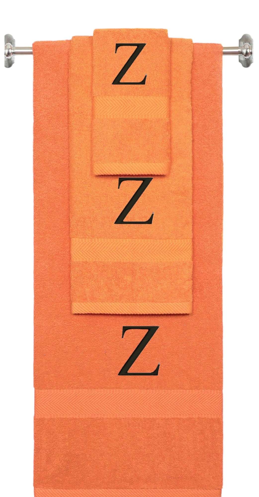 Orange monogrammed towel set with Black thread, Times New Roman font, initial Z - 540 GSM cotton 3-piece