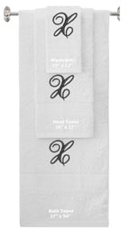 White monogrammed towel set with Black thread, Diana Script font, initial X - 540 GSM cotton 3-piece
