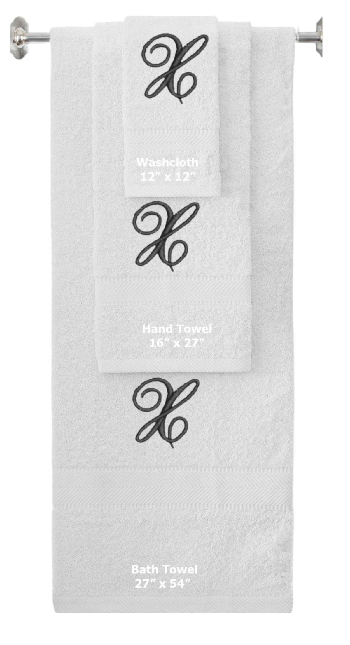 White monogrammed towel set with Black thread, Diana Script font, initial X - 540 GSM cotton 3-piece