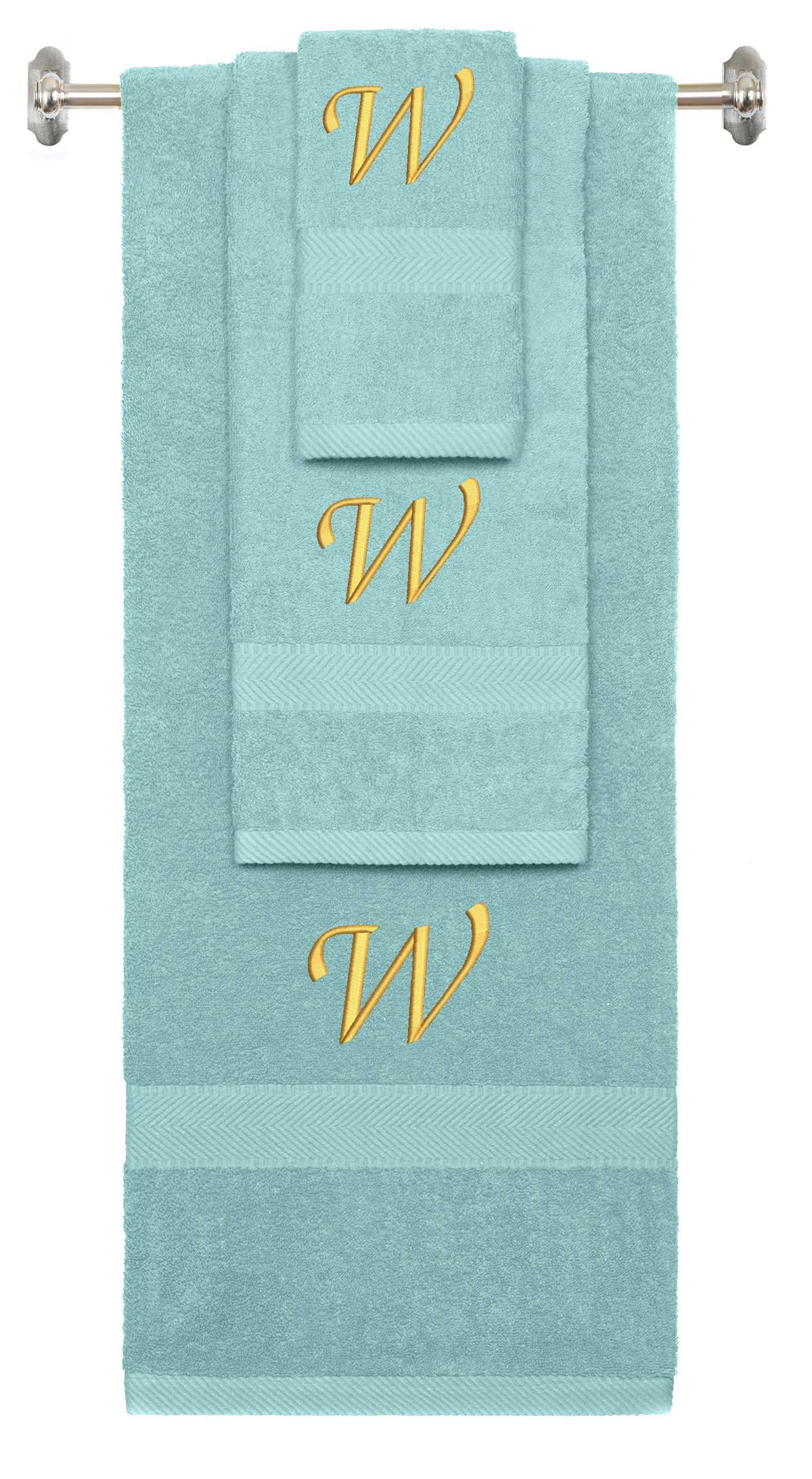 Nautical Teal monogrammed towel set with Gold thread, Chancery font, initial W - 540 GSM cotton 3-piece
