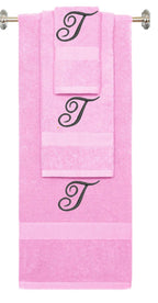 Pink monogrammed towel set with Black thread, Diana Script font, initial T - 540 GSM cotton 3-piece