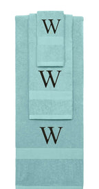 Nautical Teal monogrammed towel set with Black thread, Times New Roman font, initial W - 540 GSM cotton 3-piece