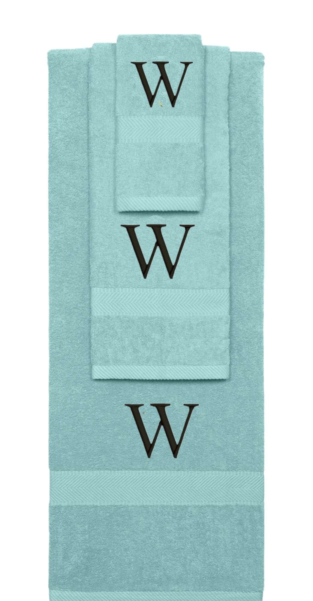 Nautical Teal monogrammed towel set with Black thread, Times New Roman font, initial W - 540 GSM cotton 3-piece