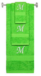 Lime monogrammed towel set with White thread, Chancery font, initial M - 540 GSM cotton 3-piece
