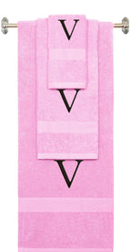Pink monogrammed towel set with Black thread, Times New Roman font, initial V - 540 GSM cotton 3-piece