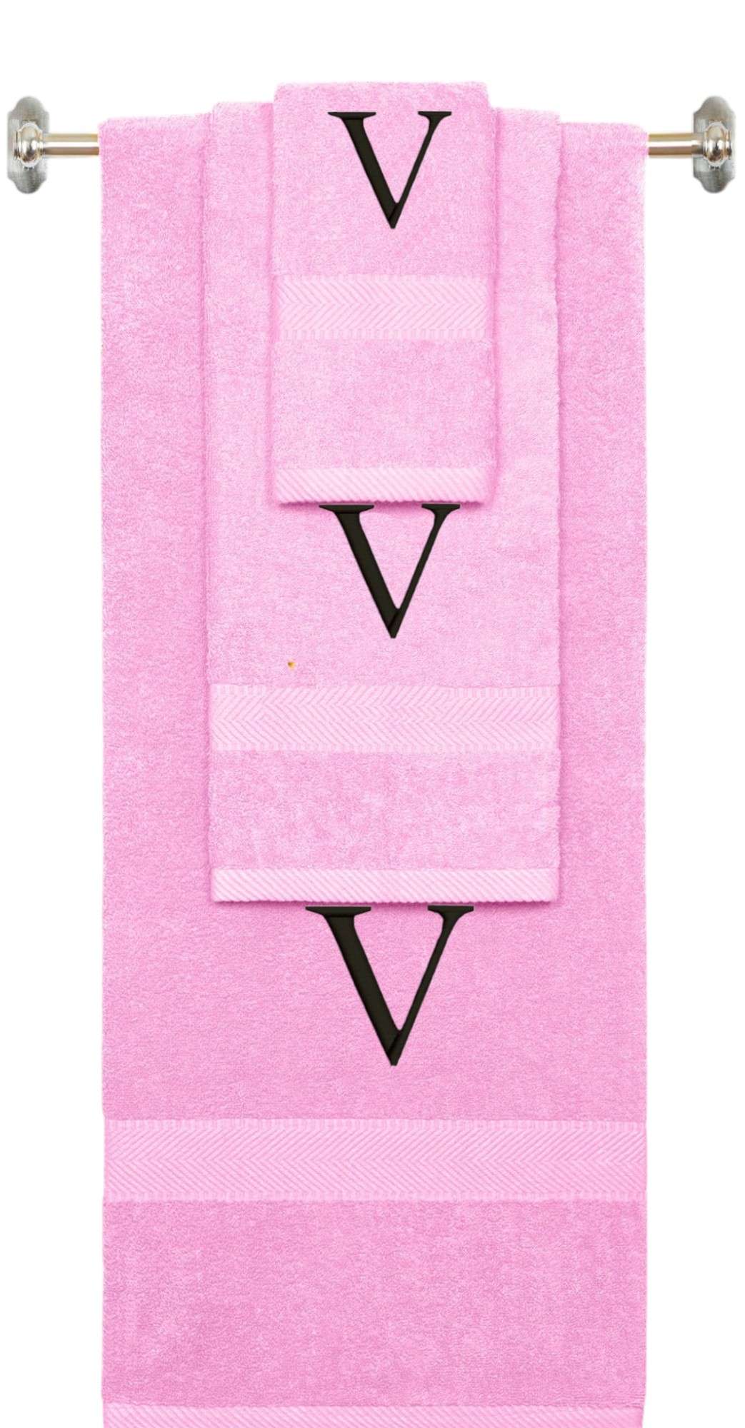 Pink monogrammed towel set with Black thread, Times New Roman font, initial V - 540 GSM cotton 3-piece