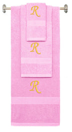 Pink monogrammed towel set with Gold thread, Chancery font, initial R - 540 GSM cotton 3-piece