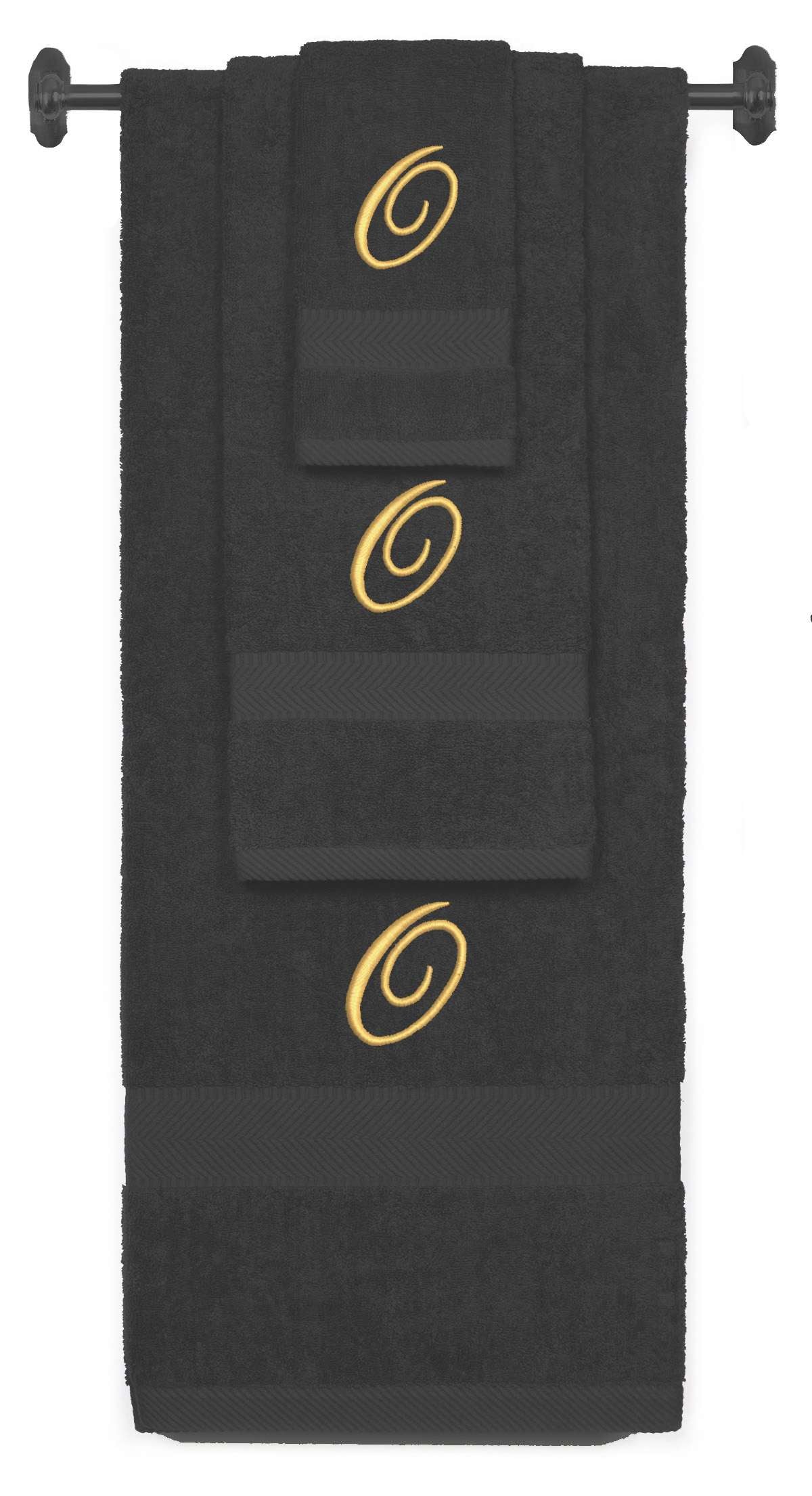 Charcoal monogrammed towel set with Gold thread, Diana Script font, initial O - 540 GSM cotton 3-piece
