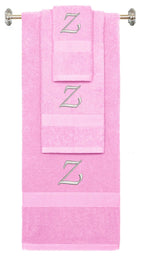 Pink monogrammed towel set with Silver thread, Chancery font, initial Z - 540 GSM cotton 3-piece