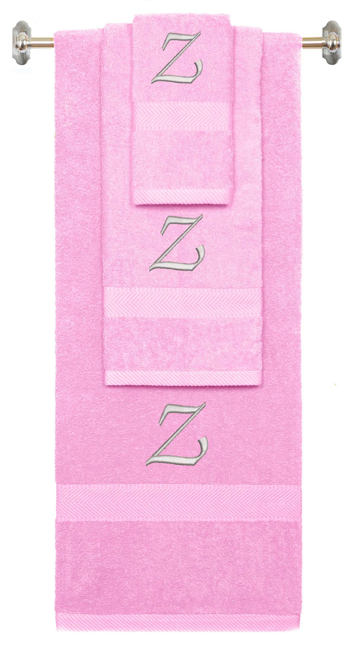 Pink monogrammed towel set with Silver thread, Chancery font, initial Z - 540 GSM cotton 3-piece