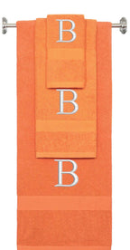 Orange monogrammed towel set with Silver thread, Times New Roman font, initial B - 540 GSM cotton 3-piece
