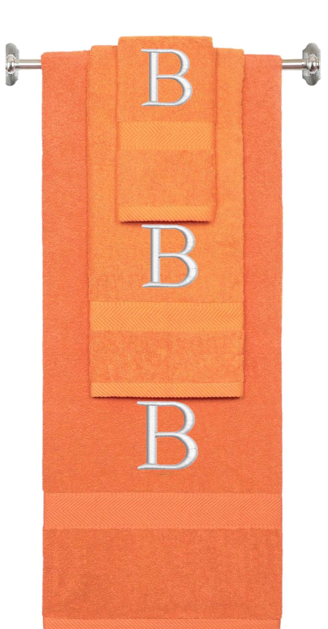 Orange monogrammed towel set with Silver thread, Times New Roman font, initial B - 540 GSM cotton 3-piece