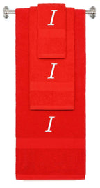 Red monogrammed towel set with White thread, Chancery font, initial I - 540 GSM cotton 3-piece