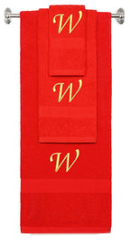 Red monogrammed towel set with Gold thread, Chancery font, initial W - 540 GSM cotton 3-piece