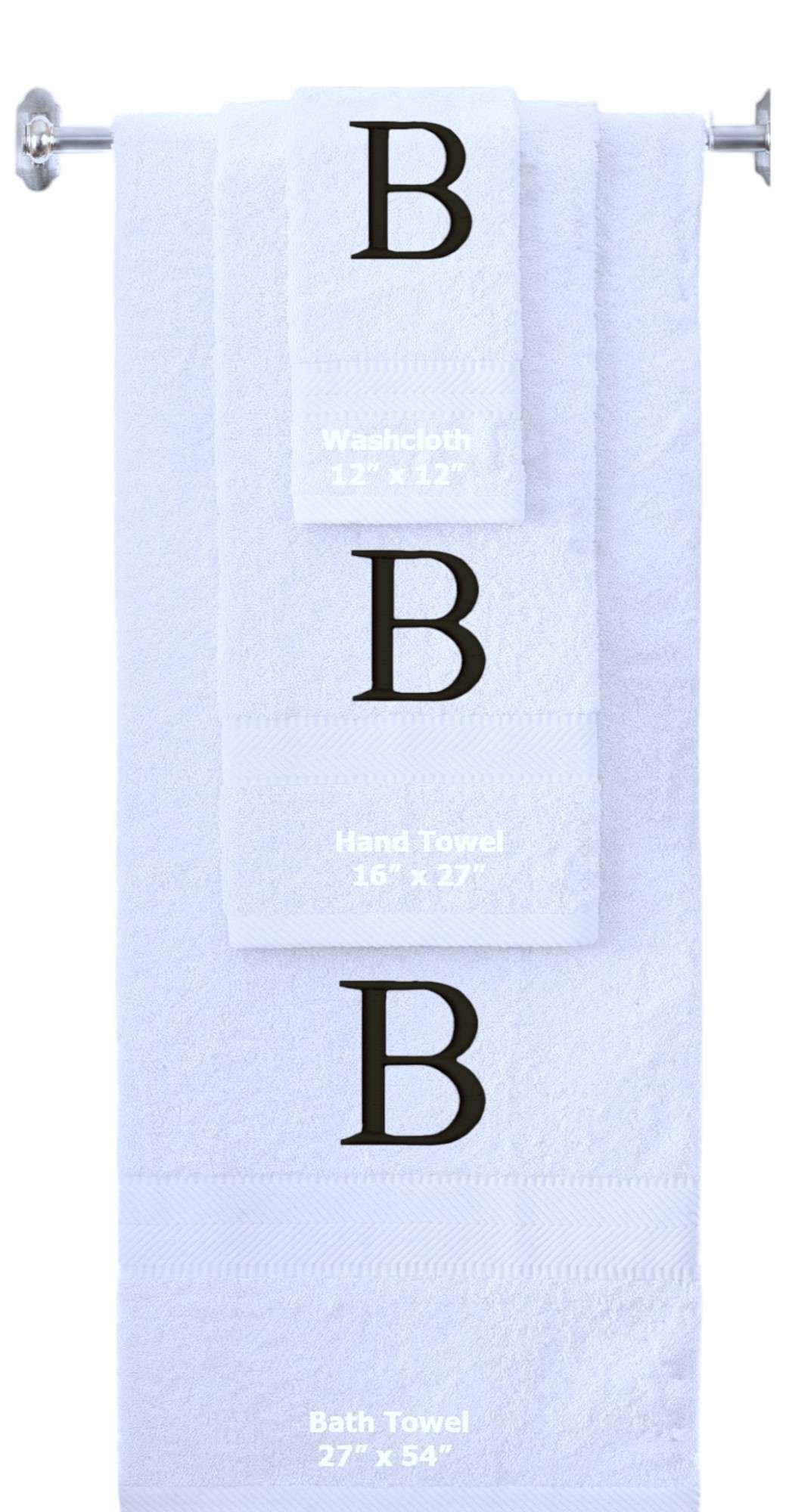 White monogrammed towel set with Black thread, Times New Roman font, initial B - 540 GSM cotton 3-piece