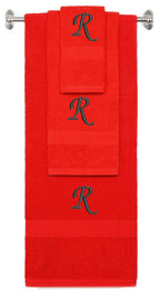 Red monogrammed towel set with Black thread, Chancery font, initial R - 540 GSM cotton 3-piece