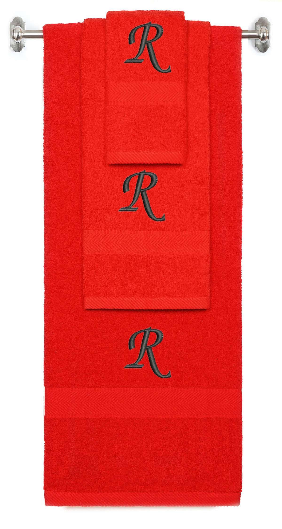 Red monogrammed towel set with Black thread, Chancery font, initial R - 540 GSM cotton 3-piece