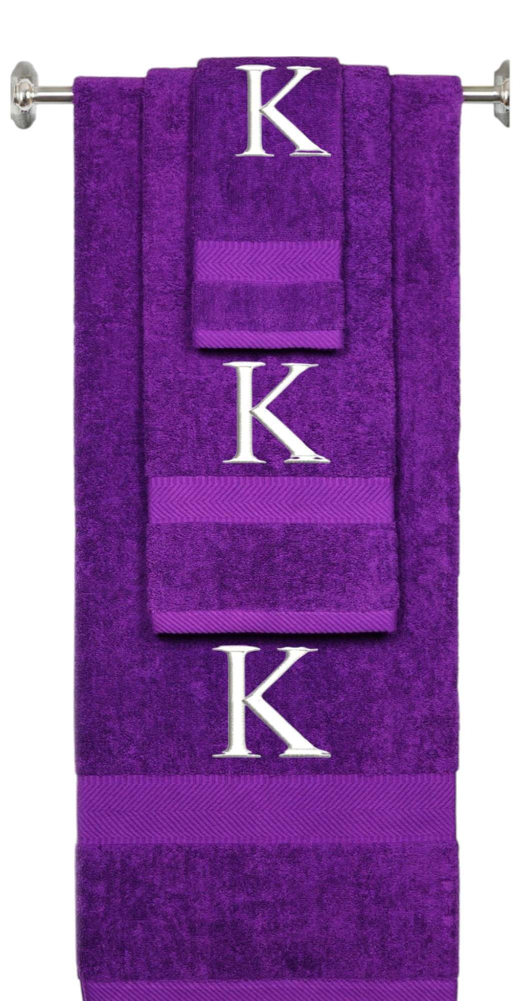 Purple monogrammed towel set with White thread, Times New Roman font, initial K - 540 GSM cotton 3-piece