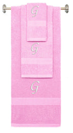 Pink monogrammed towel set with White thread, Chancery font, initial G - 540 GSM cotton 3-piece