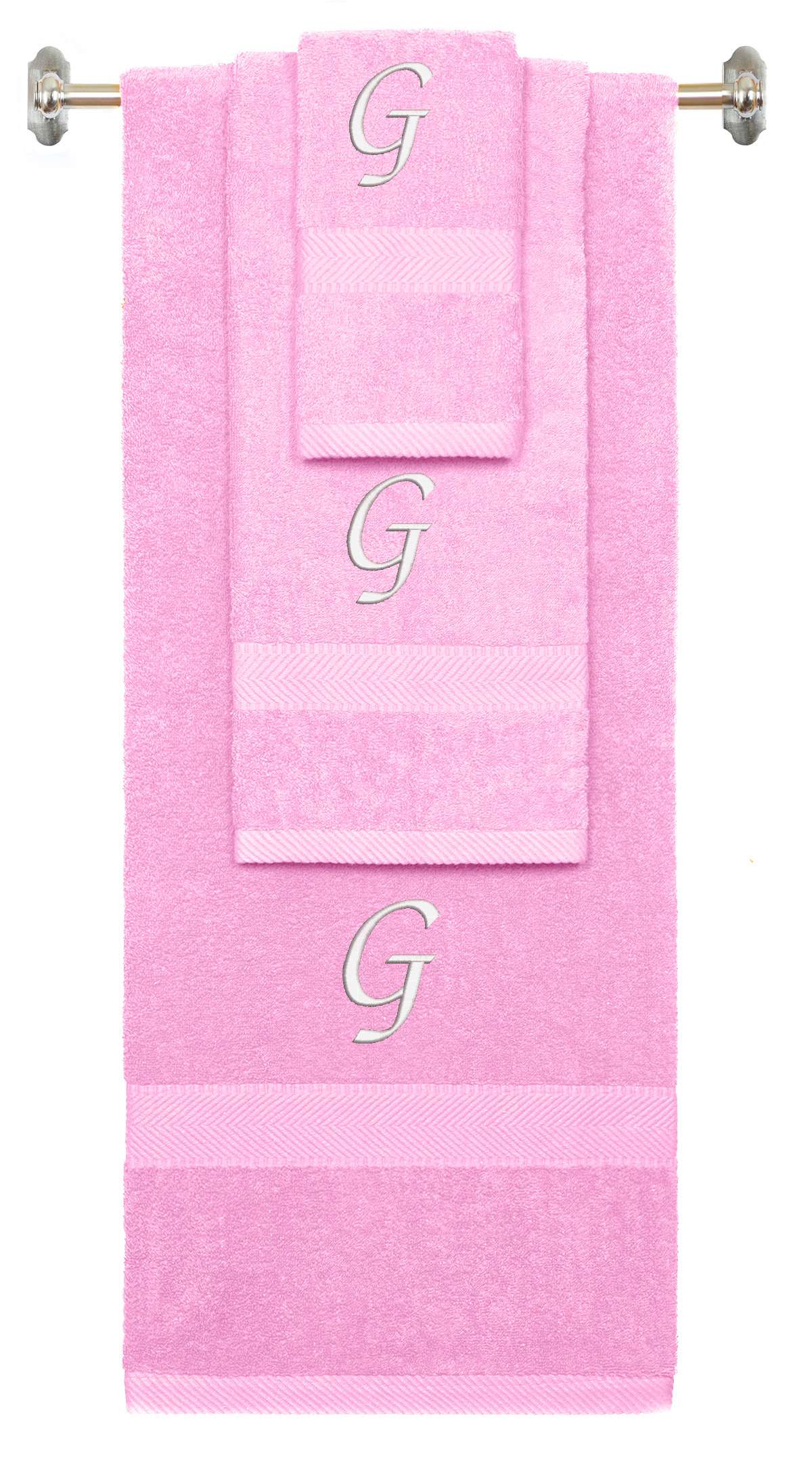 Pink monogrammed towel set with White thread, Chancery font, initial G - 540 GSM cotton 3-piece