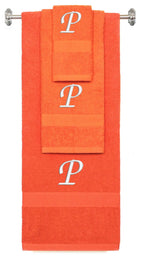 Orange monogrammed towel set with White thread, Chancery font, initial P - 540 GSM cotton 3-piece