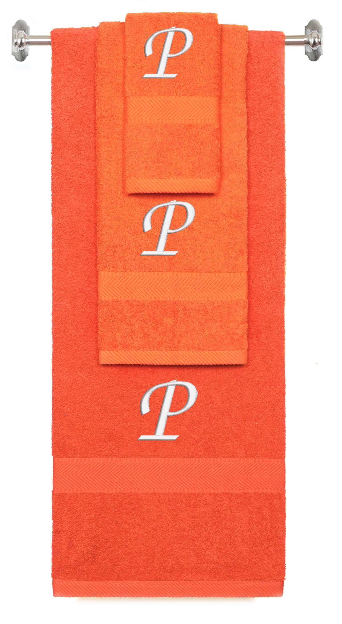 Orange monogrammed towel set with White thread, Chancery font, initial P - 540 GSM cotton 3-piece