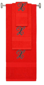 Red monogrammed towel set with Black thread, Diana Script font, initial X - 540 GSM cotton 3-piece
