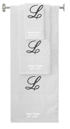 White monogrammed towel set with Black thread, Diana Script font, initial L - 540 GSM cotton 3-piece