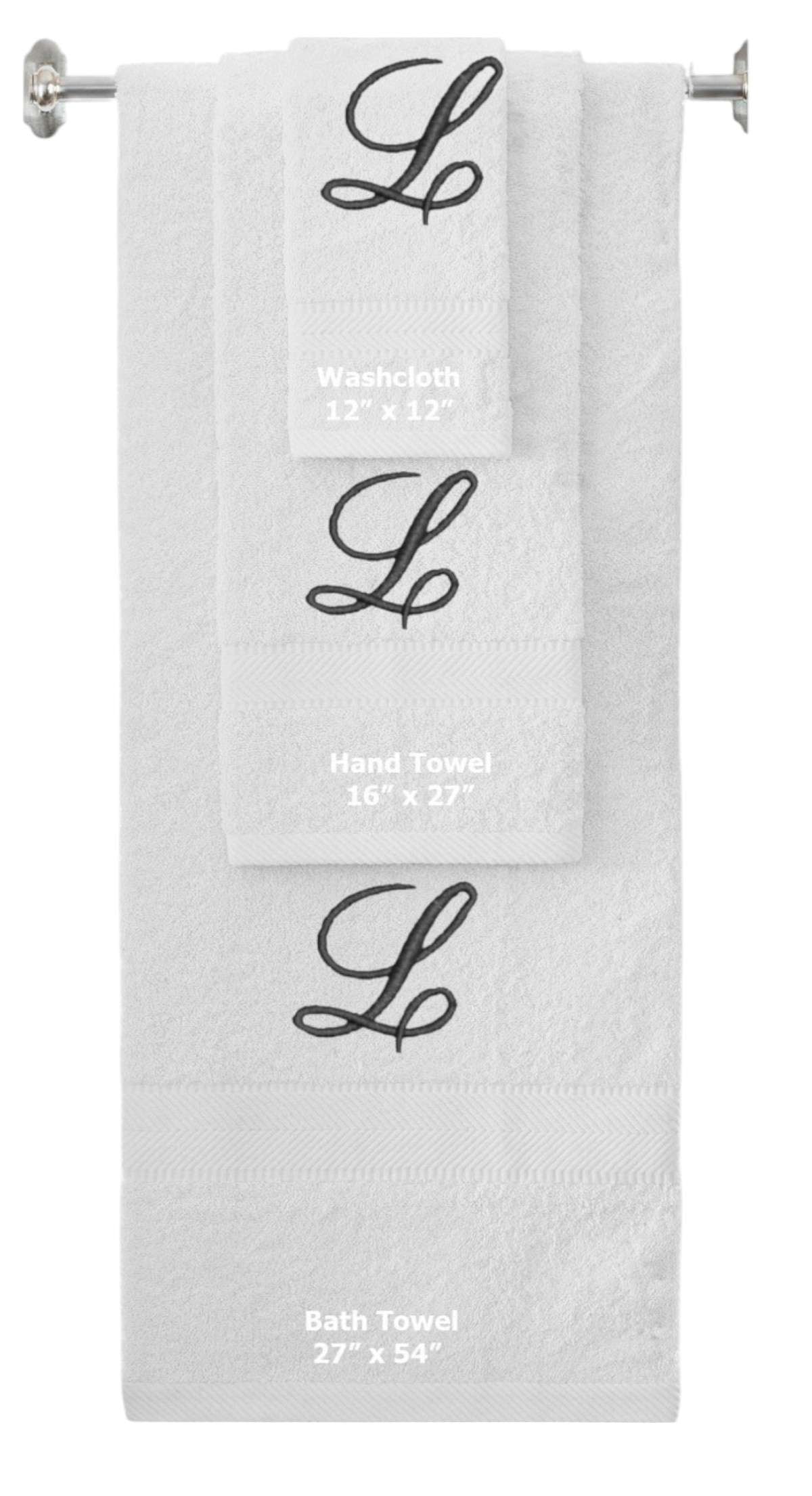 White monogrammed towel set with Black thread, Diana Script font, initial L - 540 GSM cotton 3-piece