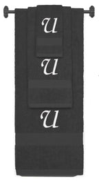 Charcoal monogrammed towel set with White thread, Chancery font, initial U - 540 GSM cotton 3-piece
