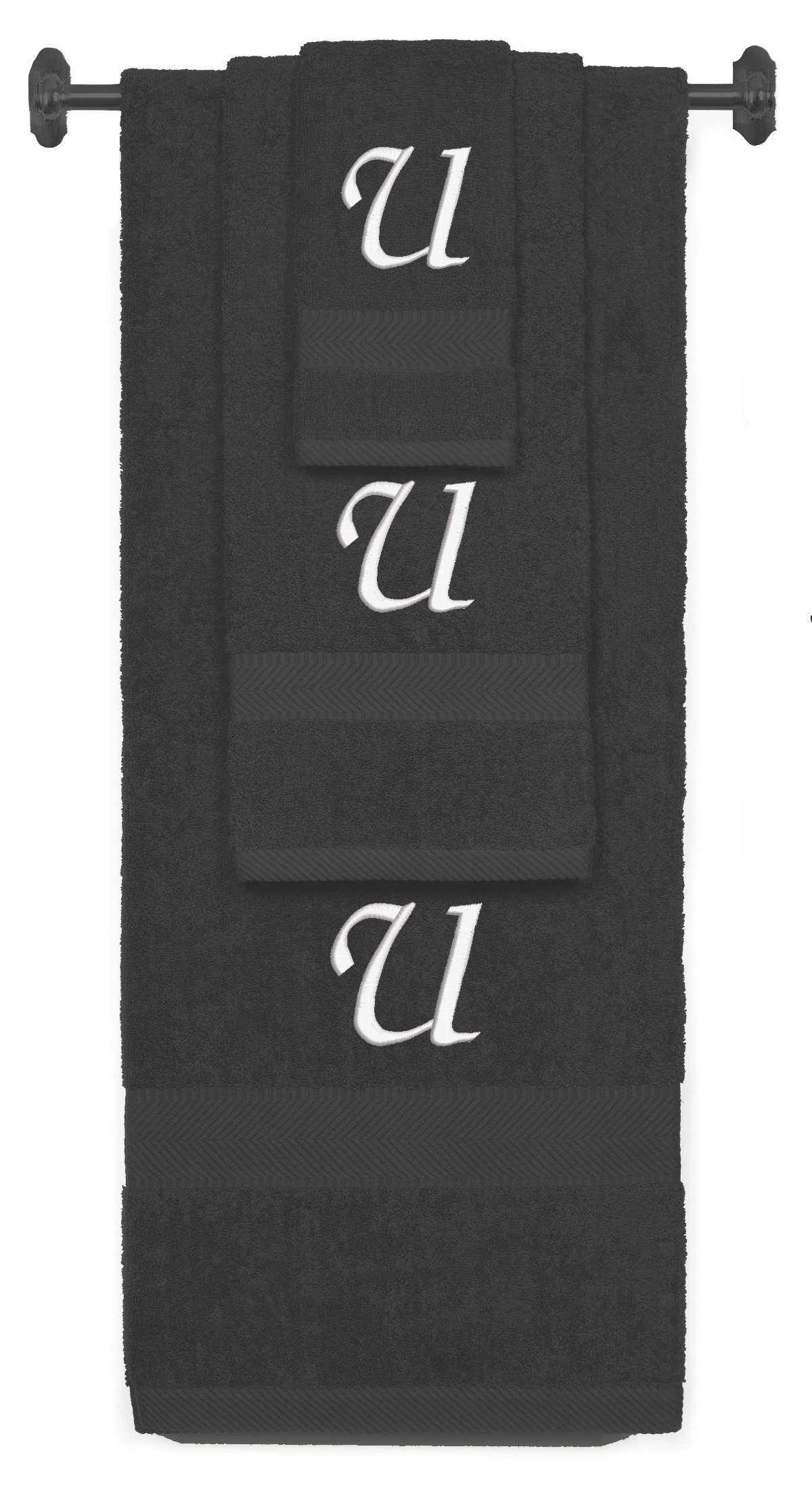 Charcoal monogrammed towel set with White thread, Chancery font, initial U - 540 GSM cotton 3-piece