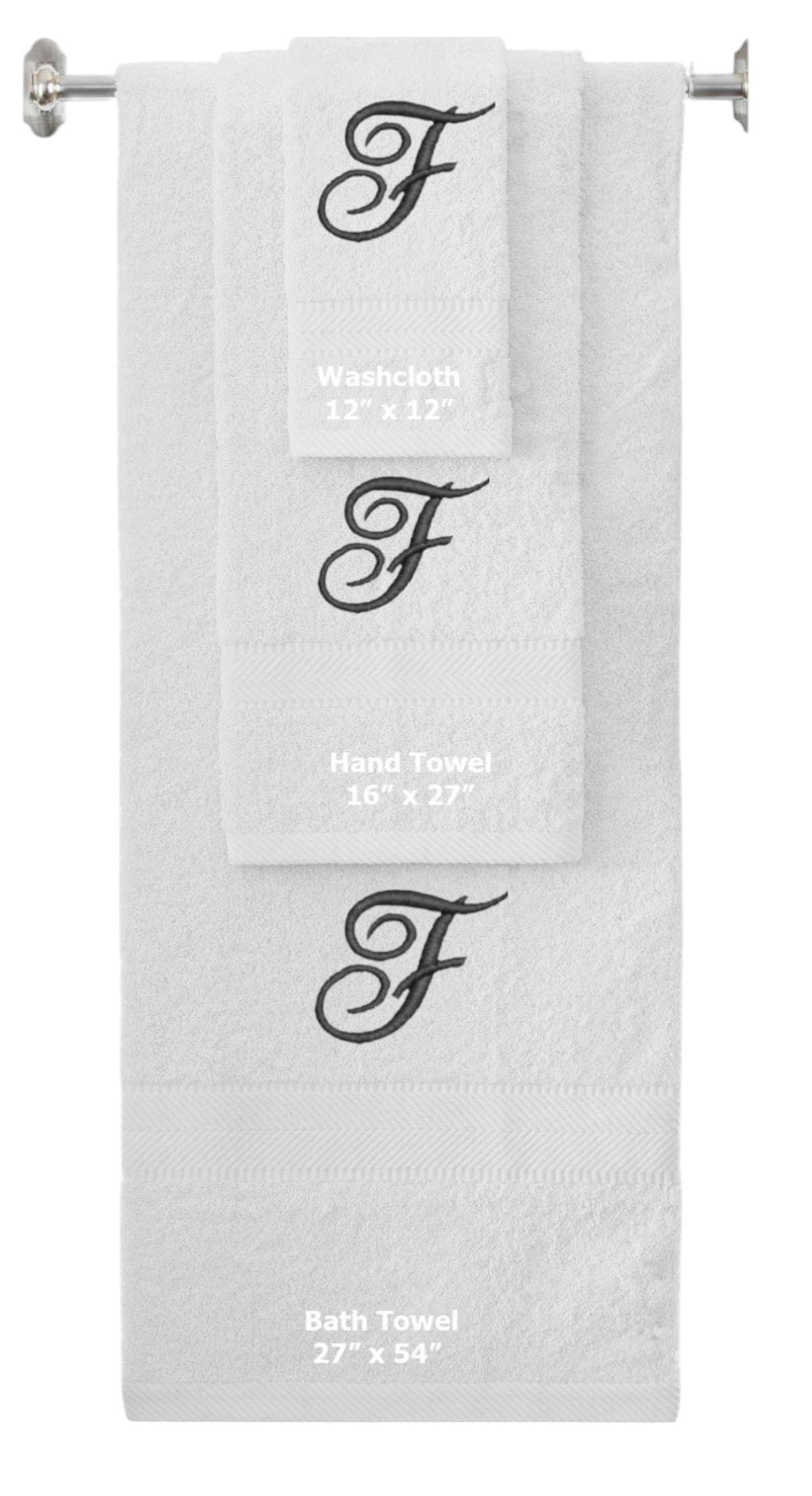 White monogrammed towel set with Black thread, Diana Script font, initial F - 540 GSM cotton 3-piece