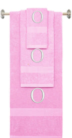 Pink monogrammed towel set with White thread, Times New Roman font, initial O - 540 GSM cotton 3-piece