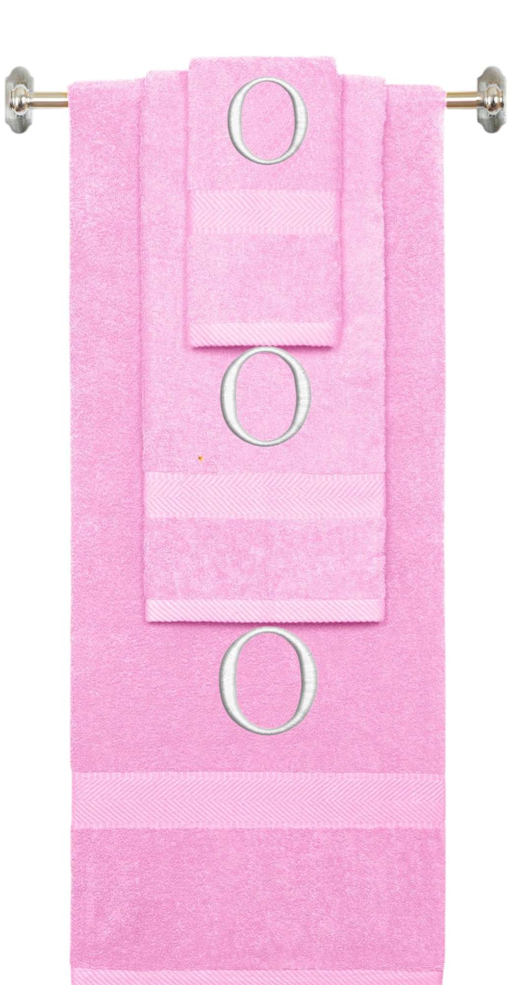 Pink monogrammed towel set with White thread, Times New Roman font, initial O - 540 GSM cotton 3-piece