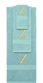 Nautical Teal monogrammed towel set with Gold thread, Times New Roman font, initial Z - 540 GSM cotton 3-piece